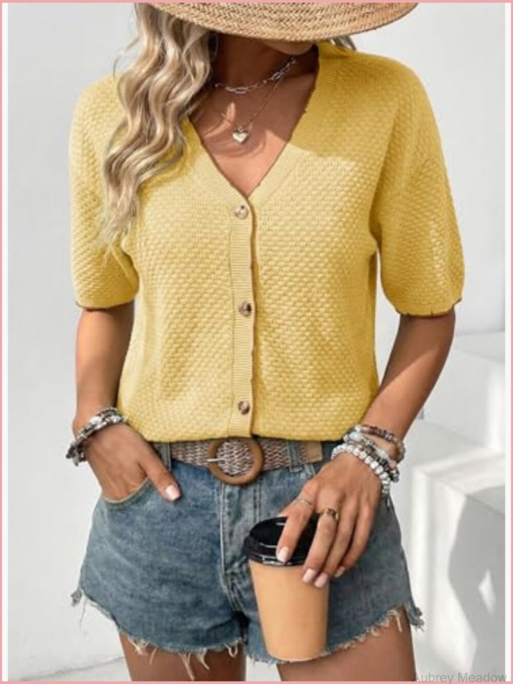 Textured Knit V-Neck Button Down Cardigan - Short Sleeve Cotton Top - Picture 5 of 7